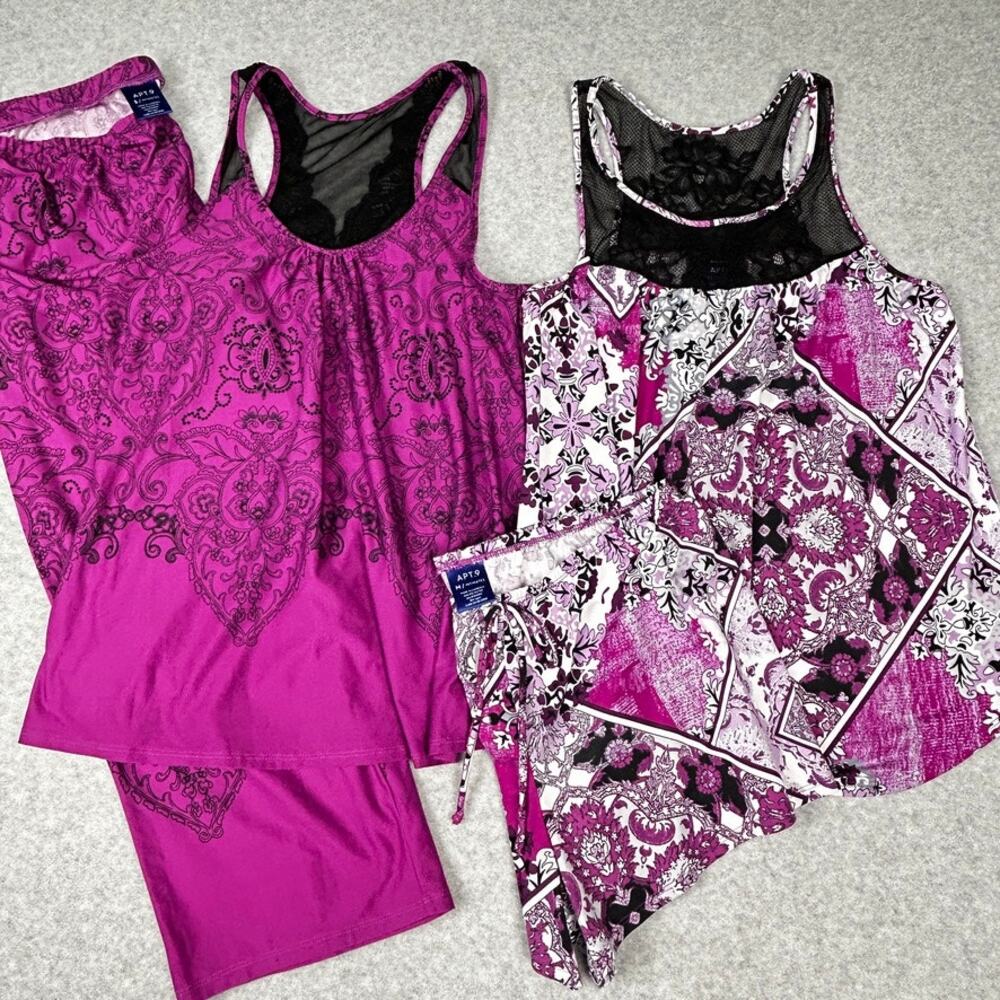 2 Lot Apt. 9 Intimates 2pc Pajama Set Tank Pant Shorts Purple Black Womens S/M